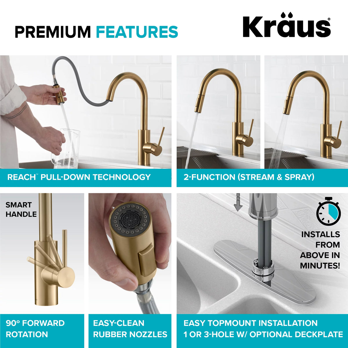 Pull-Down Kitchen Faucet and Water Filter Faucet Combo in Brushed Brass T840