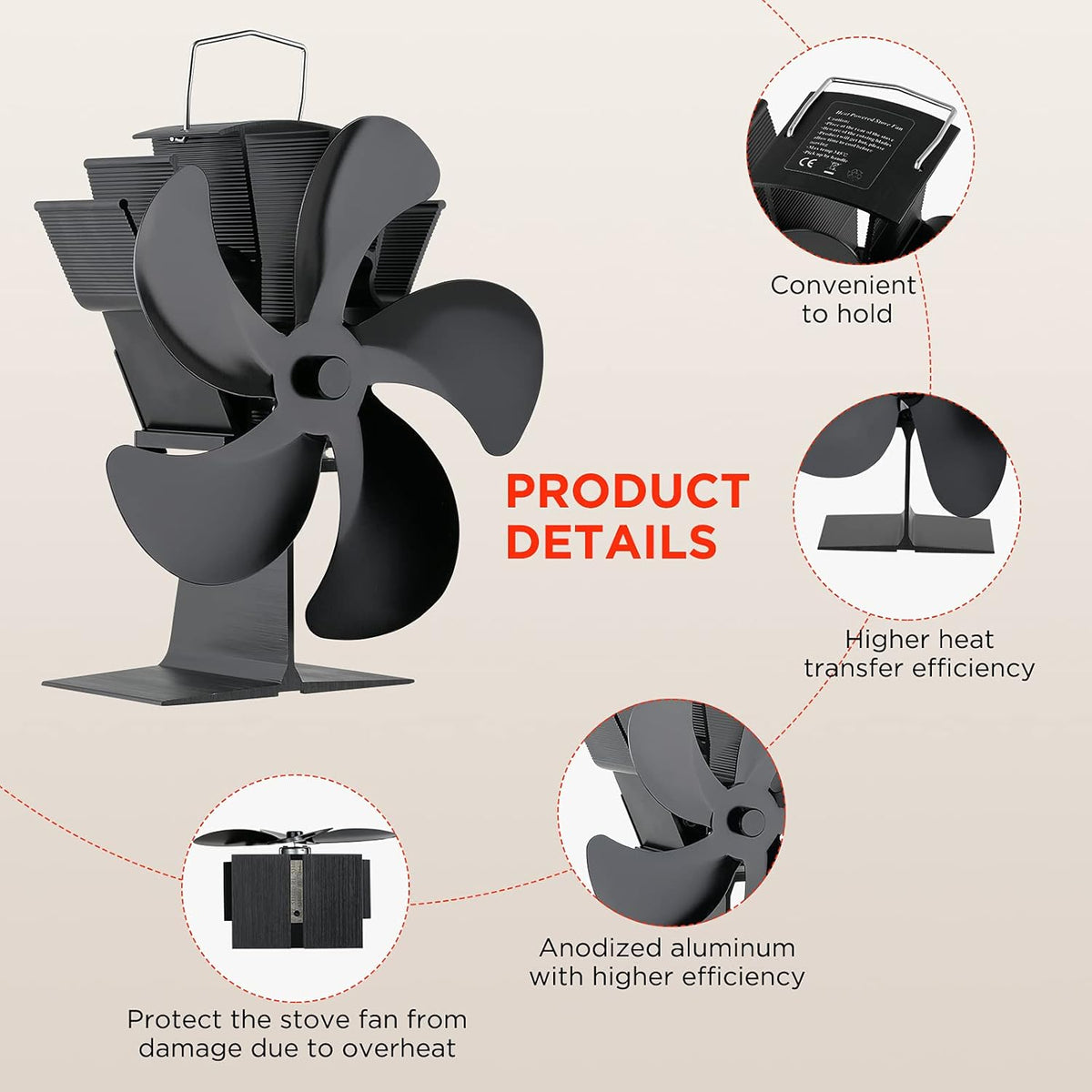 5-Blade Heat Powered Stove Fan, Pack of 2 M6260
