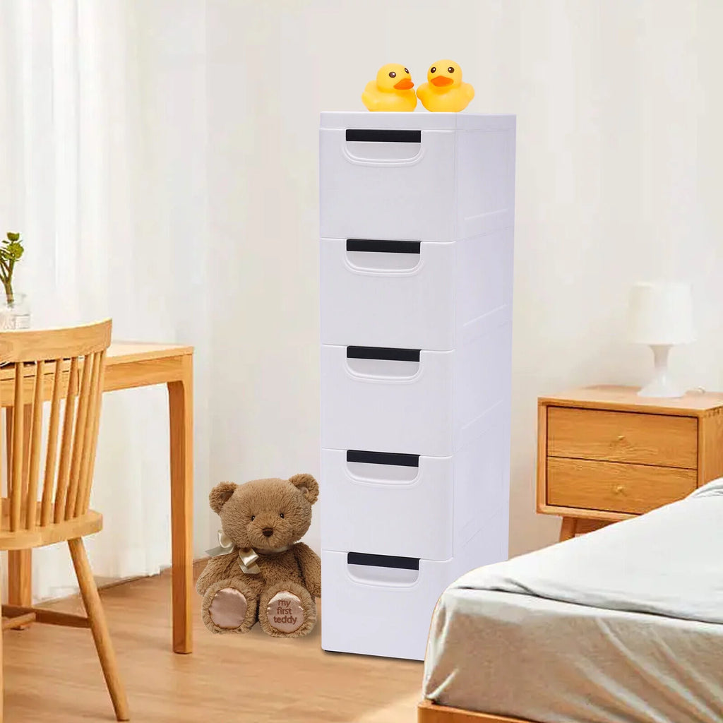 White Narrow Plastic 5 Drawer Dresser with Wheels L7823