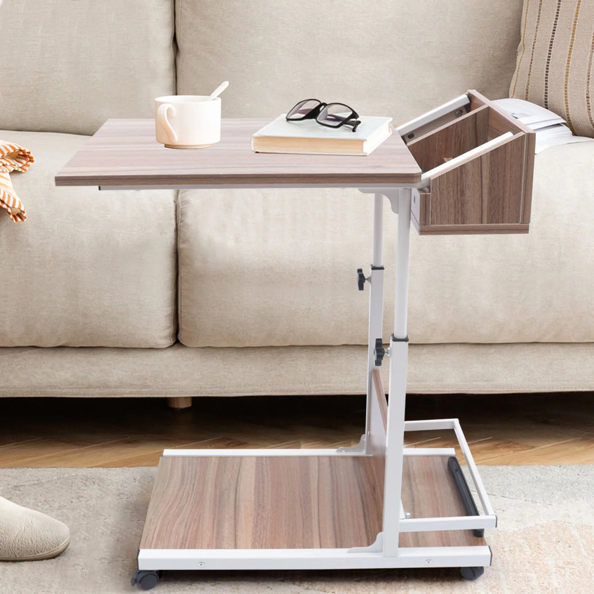 Adjustable C Shaped Mobile Side Table with Lockable Wheels P147991