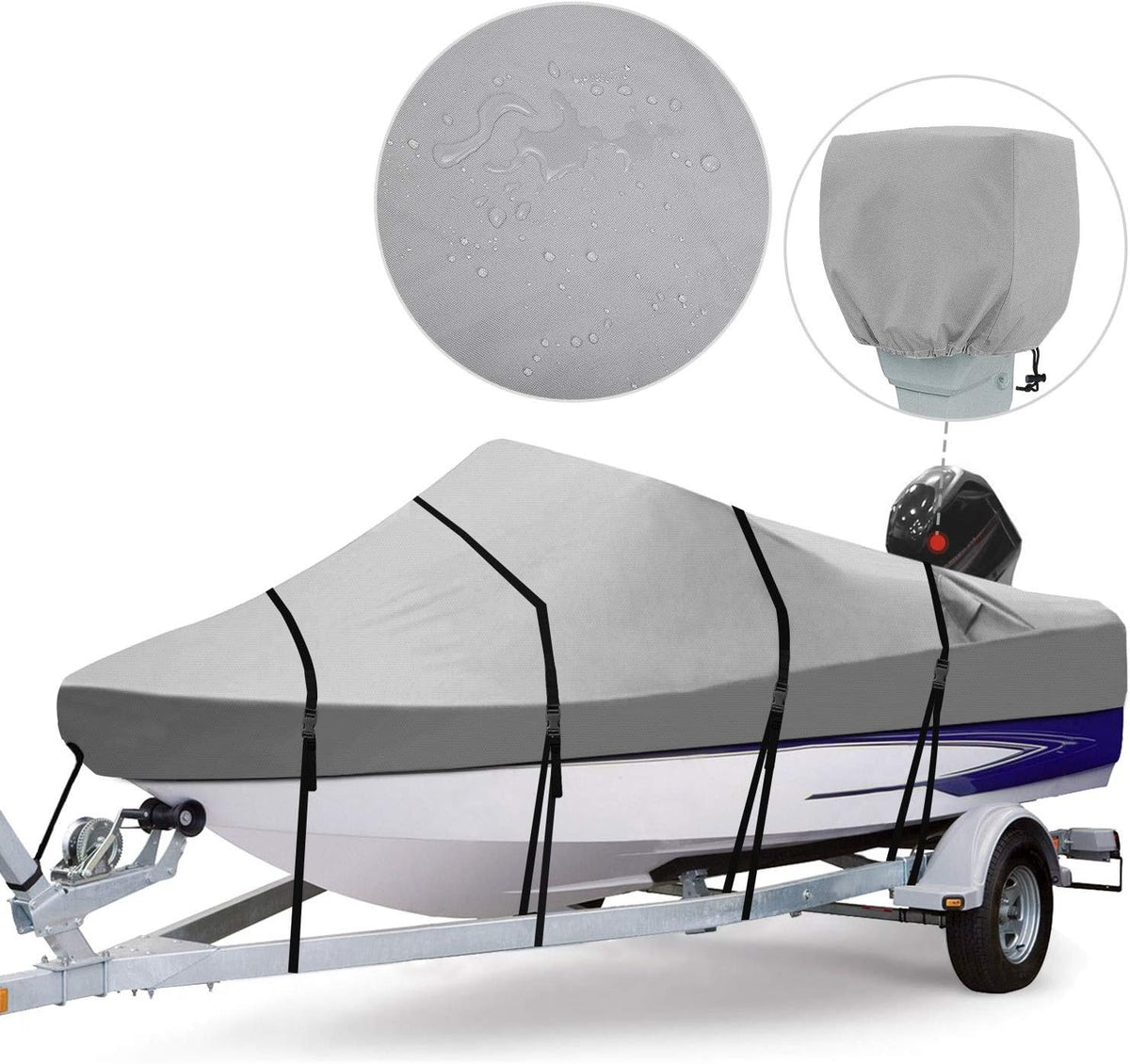 Gray Waterproof 800D Polyester Full Size Boat Cover with Motor Cover G383