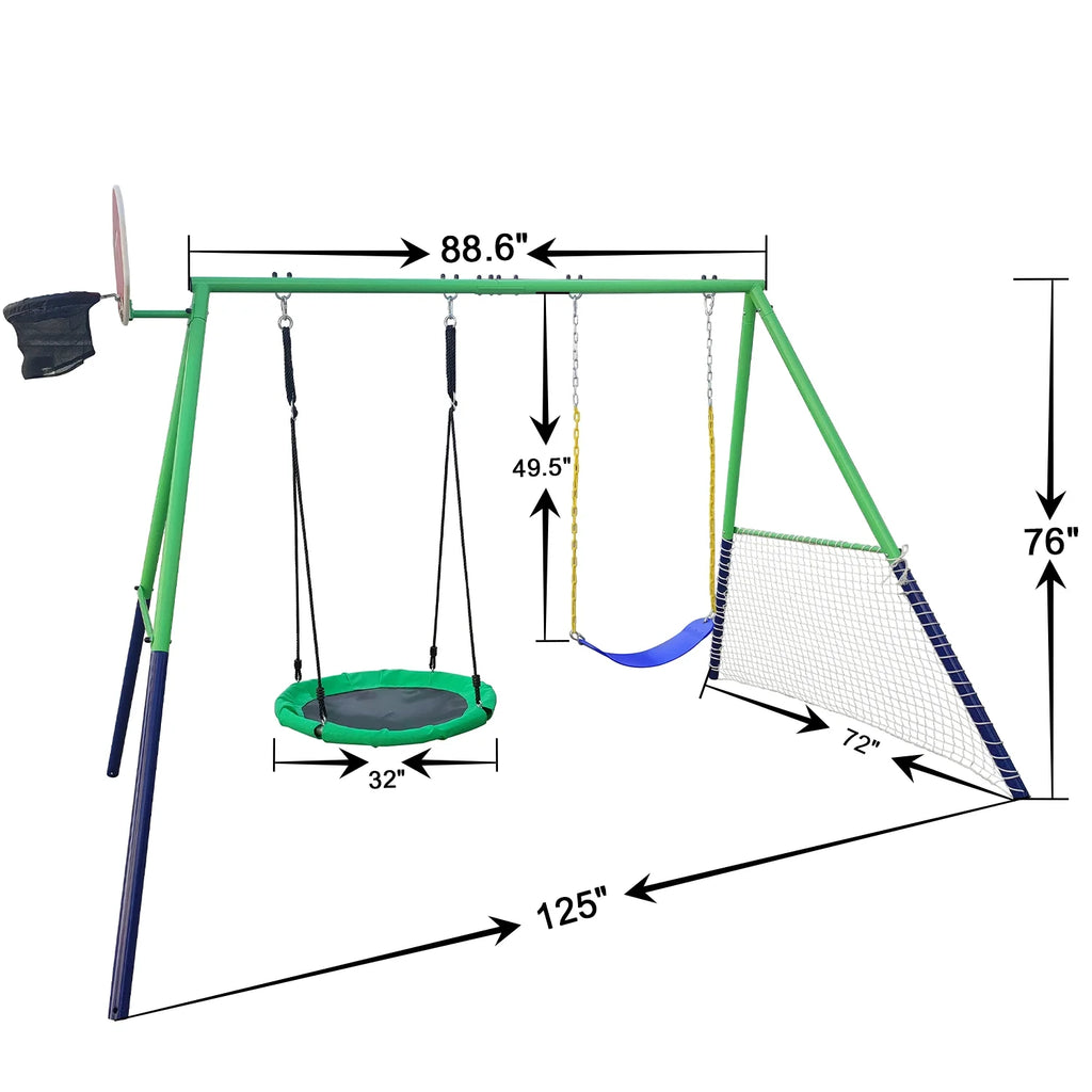 Swing Set with 32in Saucer Swing, EVA Swing Seat, Kids Basketball Hoop, Soccer Net, 440lbs Heavy Duty Anti-Rust Steel A-Frame F59322