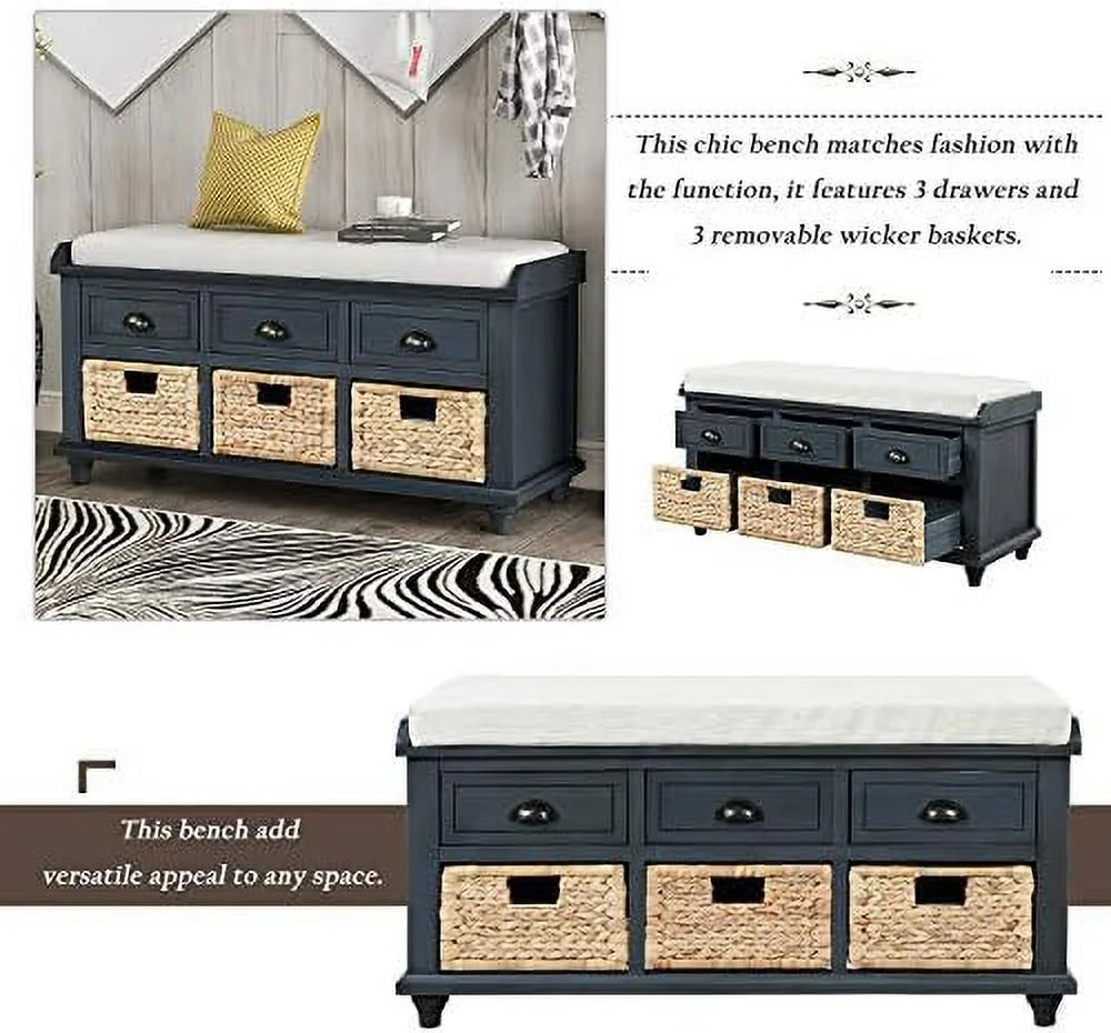 Rustic Bench with 3 Drawers and 3 Rattan Baskets Shoe Bench with Removable Cushion T41280