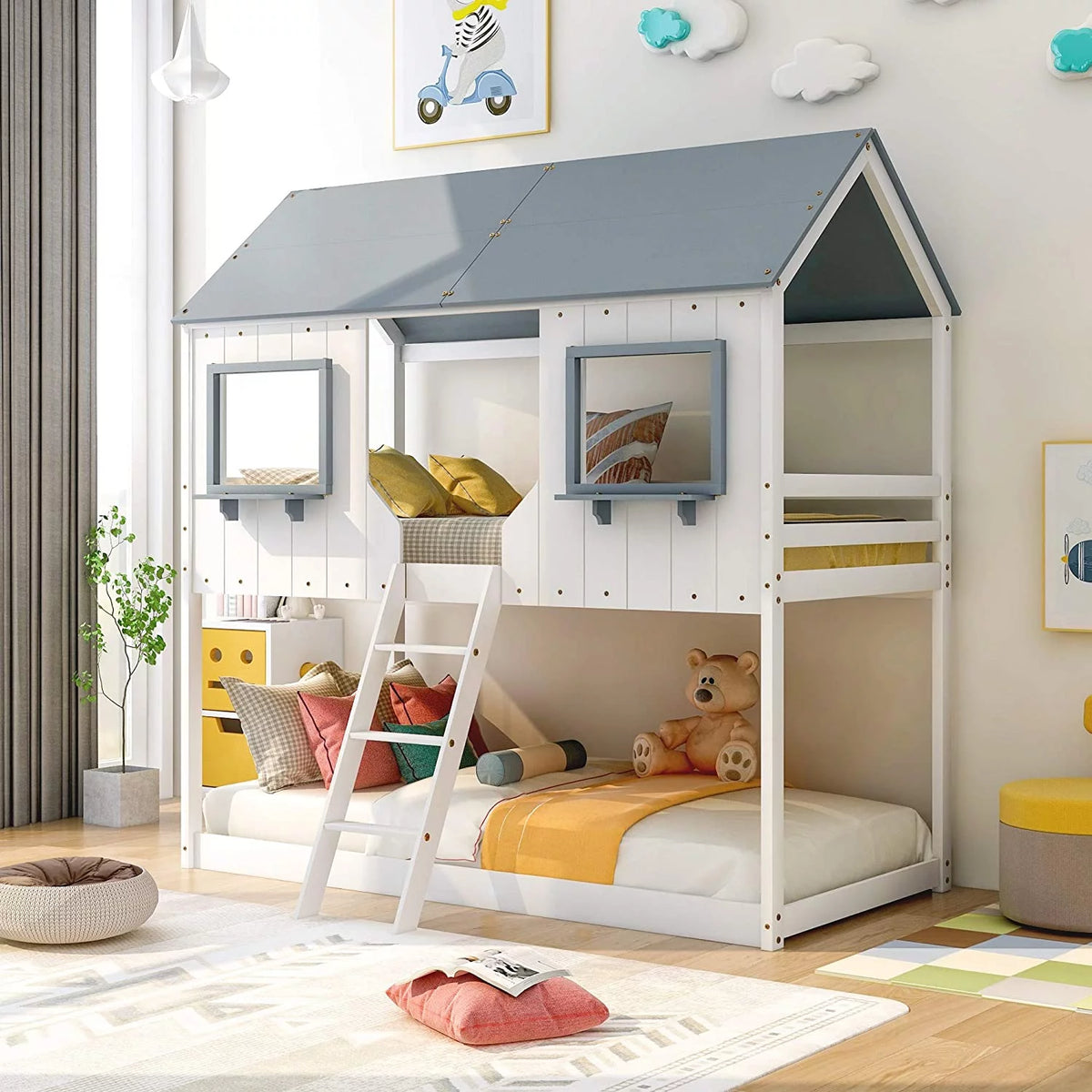 Twin Over Twin White Wooden House Bed M48768