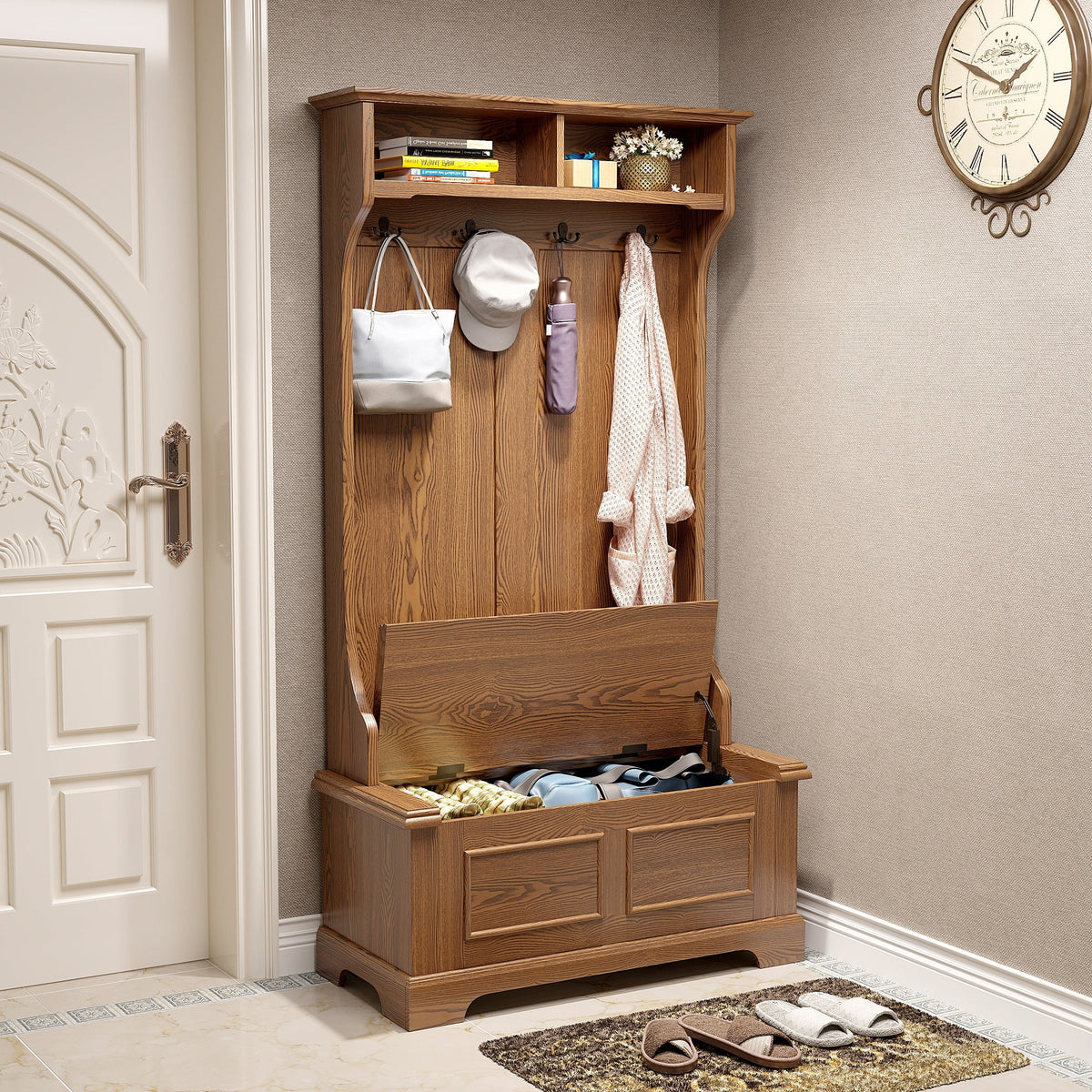 Coat Rack Hall Tree Storage Bench with Cabinet Y9087