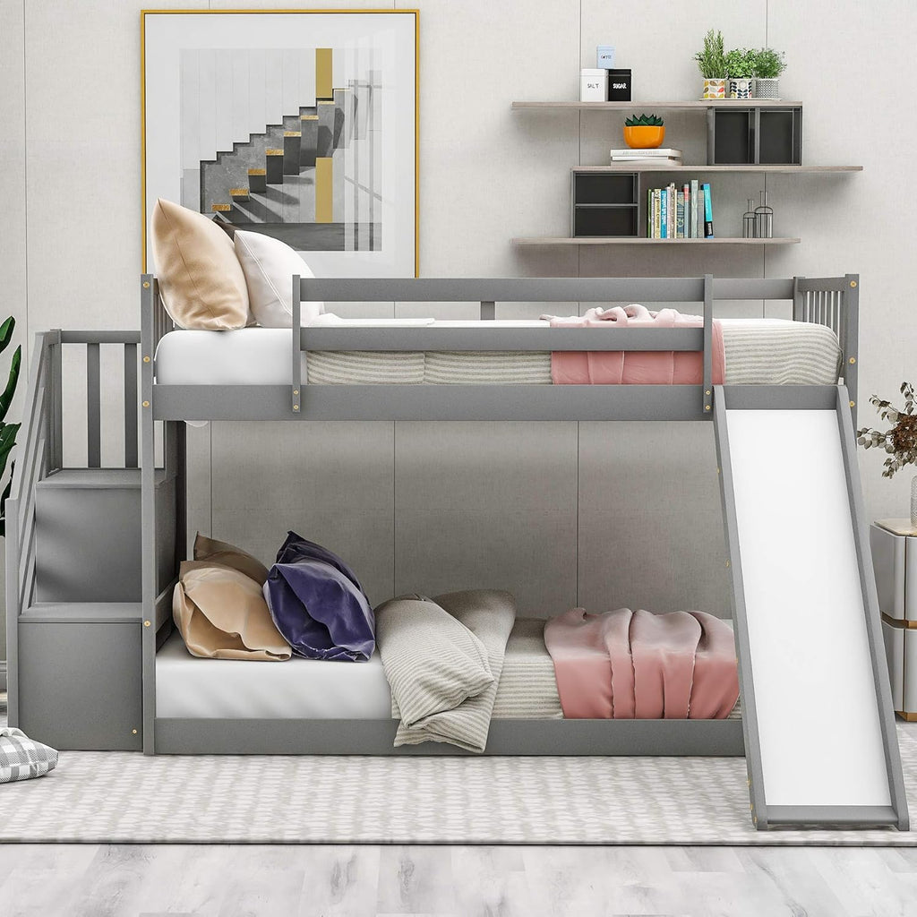 Twin Loft Beds with Slide and Staircase U431