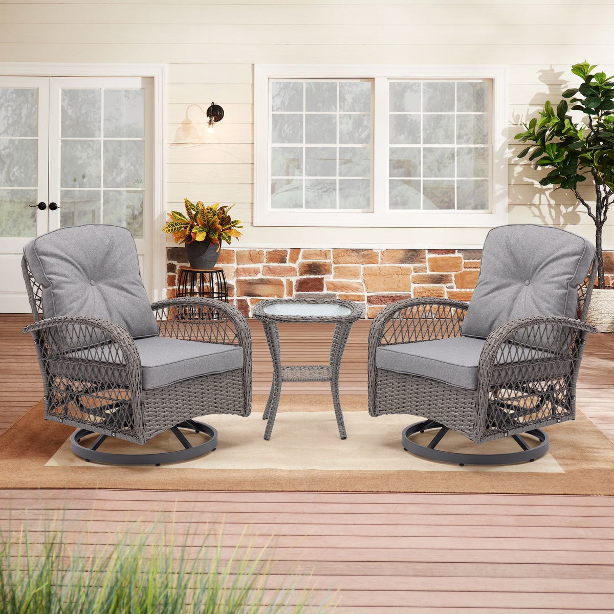 3 Pc Outdoor Swivel Rocker Patio Chairs - Gray R3514