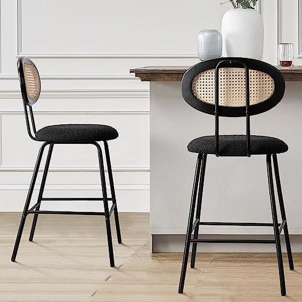 White Boucle Upholstered Barstools with Metal Legs D917578