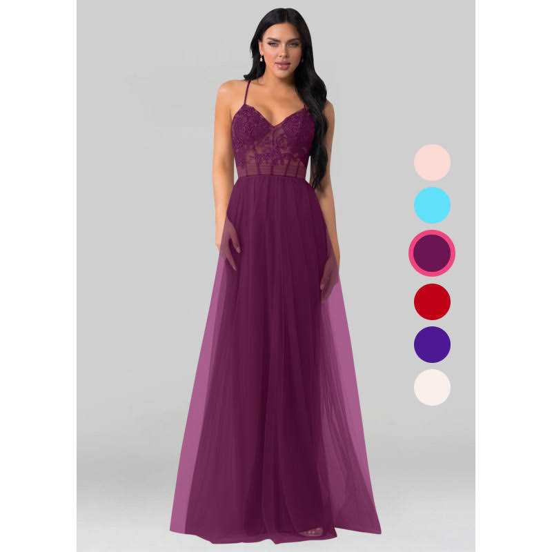 Raspberry Floor-Length Tulle Bridesmaid Dresses D8357