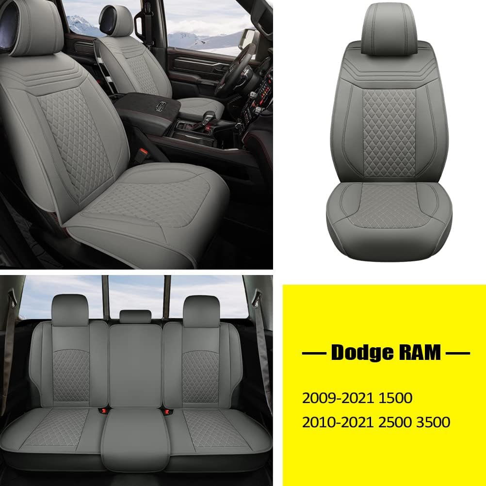 Grey Faux Leather Front Seat Covers for Dodge RAM Pickup Trucks D398