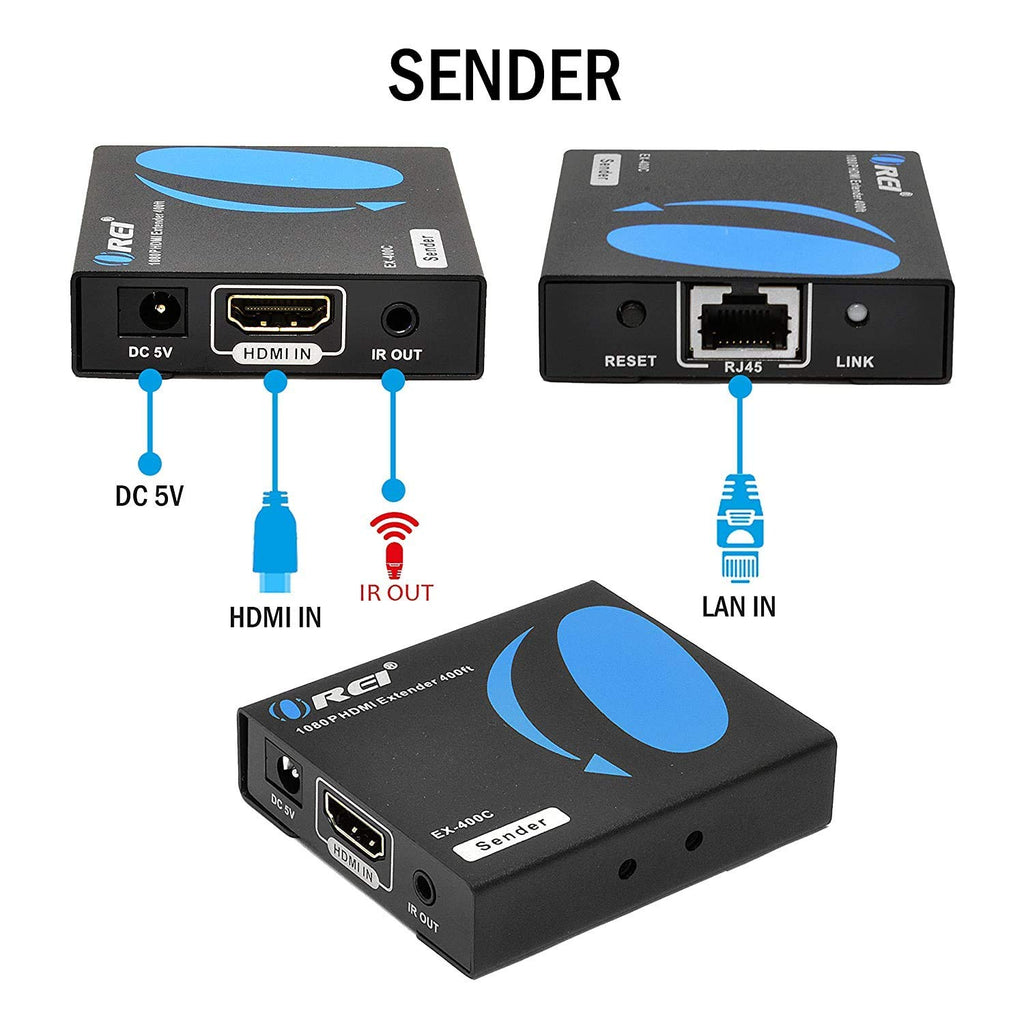 HDMI Extender Over LAN Single CAT5e/CAT6A/CAT7 Cable Uncompressed 1080p @ 60Hz with IR Up to 400 Ft Balun Kit Video Transmitter and Receiver W477