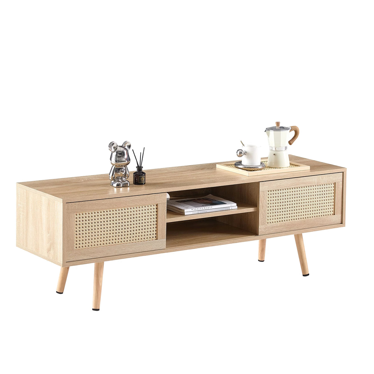 55.12" Rattan TV Cabinet with Sliding Doors and Adjustable Shelf Y975