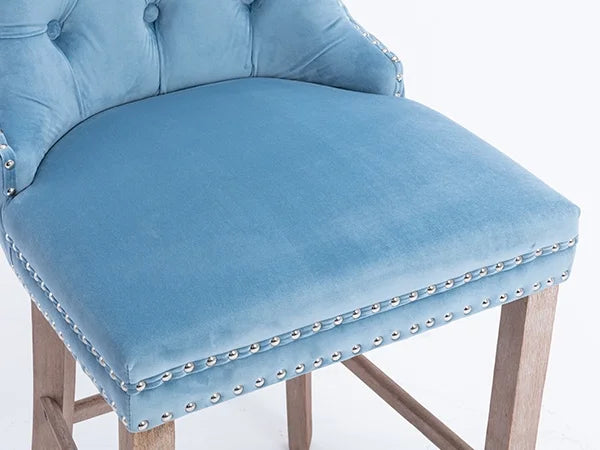 Velvet Bar Stools Set of 2, 27" Seat Height, Tufted Back, Wood Frame, Light Blue F7491