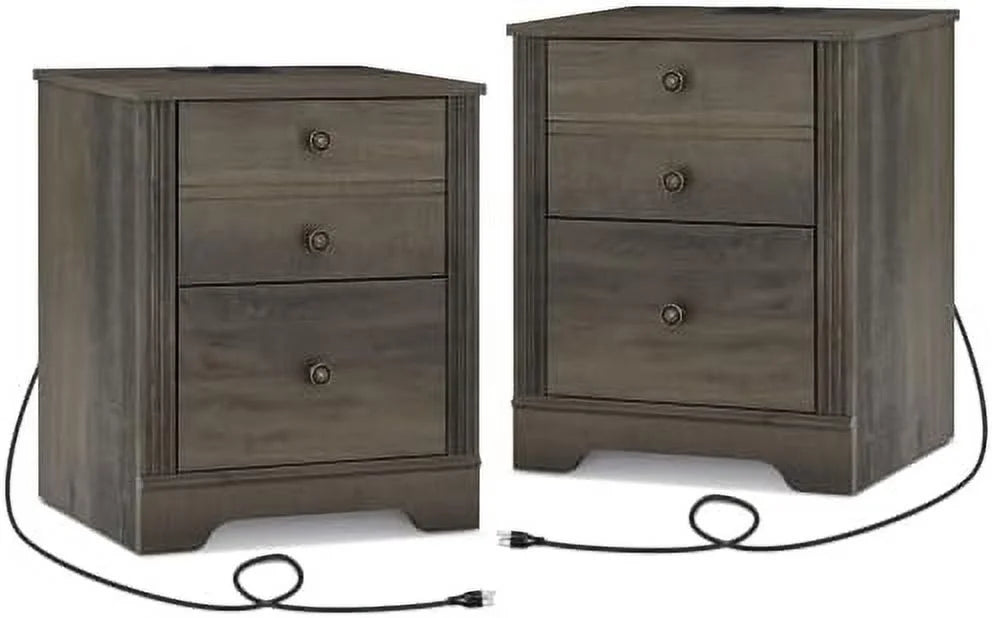 Dark Antique Brown Wood Nightstand with Charging Station and 2 Sliding Drawers Q90198