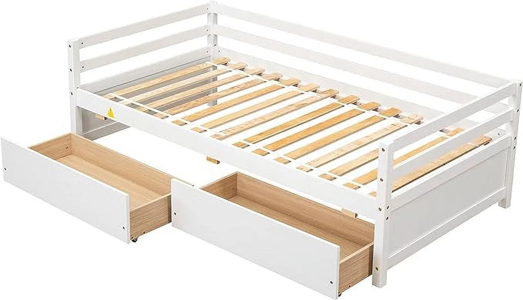 Twin Upholstered Daybed with Storage, Linen Button-Tufted, Double Drawers, Wood Slats, Beige Z196