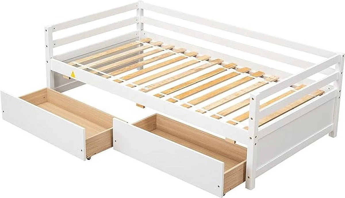 Twin Upholstered Daybed with Storage, Linen Button-Tufted, Double Drawers, Wood Slats, Beige Z196