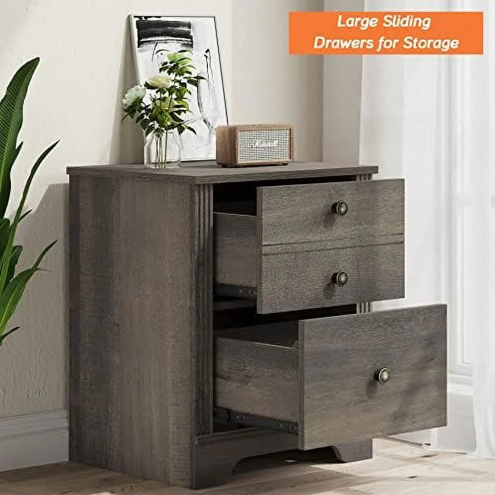 Dark Antique Brown Wood Nightstand with Charging Station and 2 Sliding Drawers Q90198