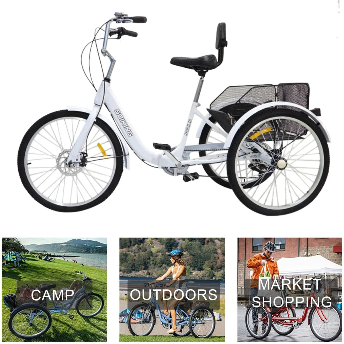 24-Inch 7-Speed Foldable Tricycle Cruiser Bike with Basket X1595