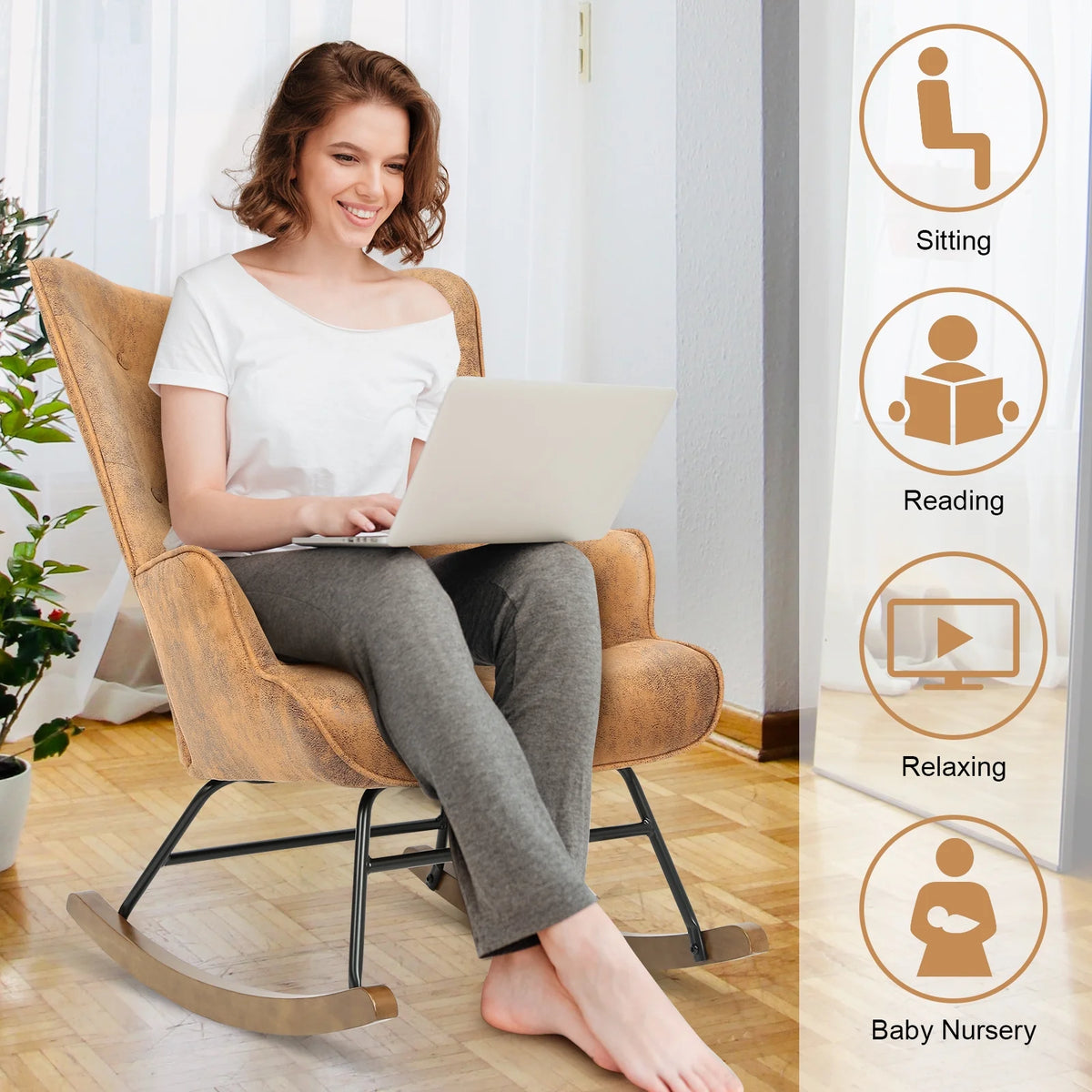 Brown Polyester Rocking Chair with Wooden Base O951294