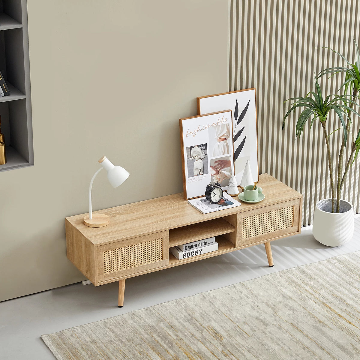 55.12" Rattan TV Cabinet with Sliding Doors and Adjustable Shelf Y975