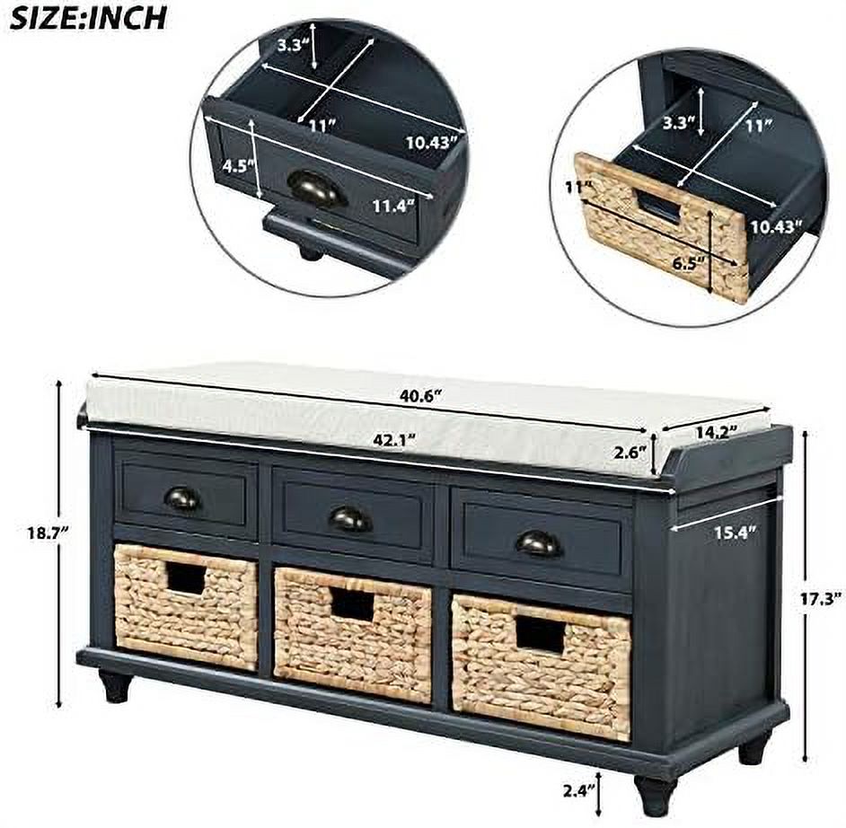 Rustic Bench with 3 Drawers and 3 Rattan Baskets Shoe Bench with Removable Cushion T41280