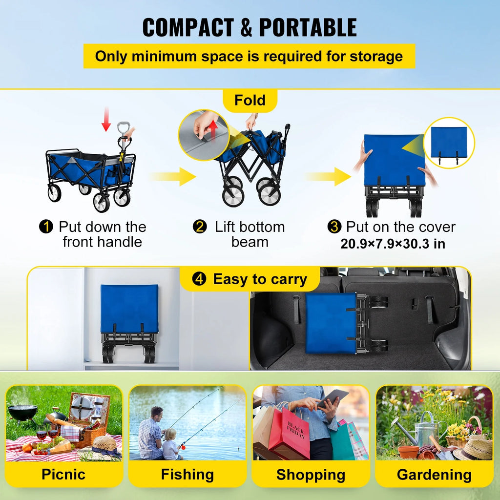 Collapsible Wagon Cart, 176 lbs Load, Blue & Gray S791