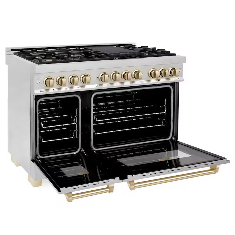 48 in. 7 Burner Double Oven Dual Fuel Range in Stainless Steel and Polished Gold M505