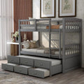 Twin Over Twin Wood Bunk Bed with Trundle and 3 Storage Drawers Y18596