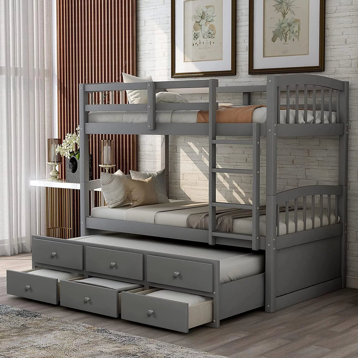 Twin Over Twin Wood Bunk Bed with Trundle and 3 Storage Drawers Y18596