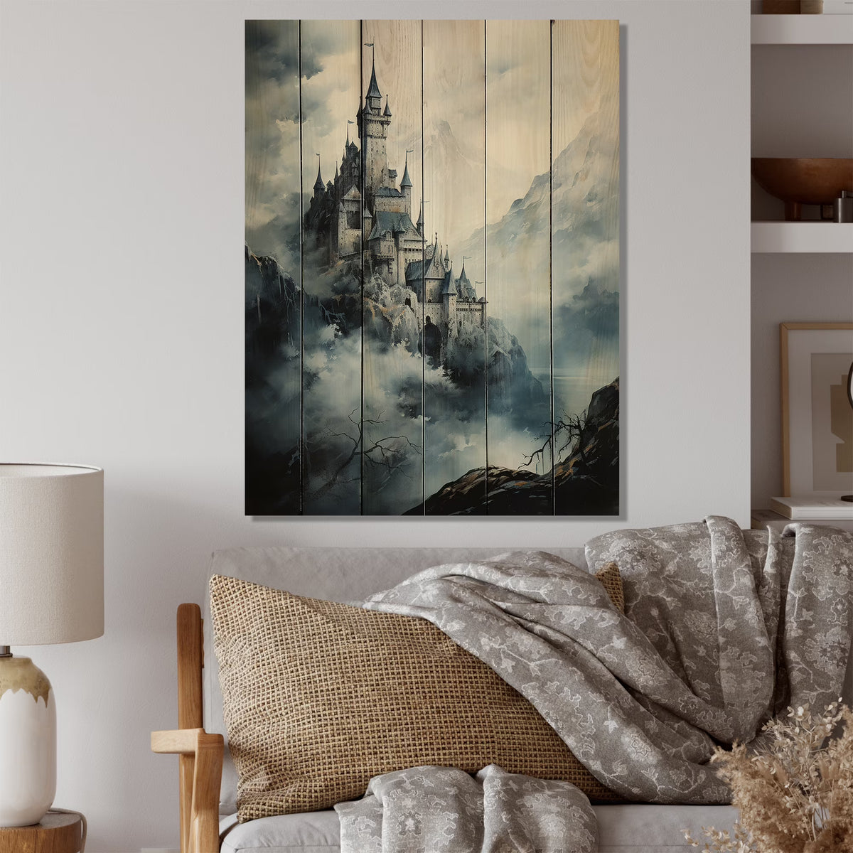 Mountain Fortress Castles Misty Painting II Print on Natural Pine Wood J2649