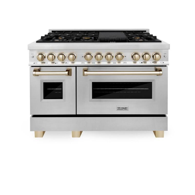 48 in. 7 Burner Double Oven Dual Fuel Range in Stainless Steel and Polished Gold M505