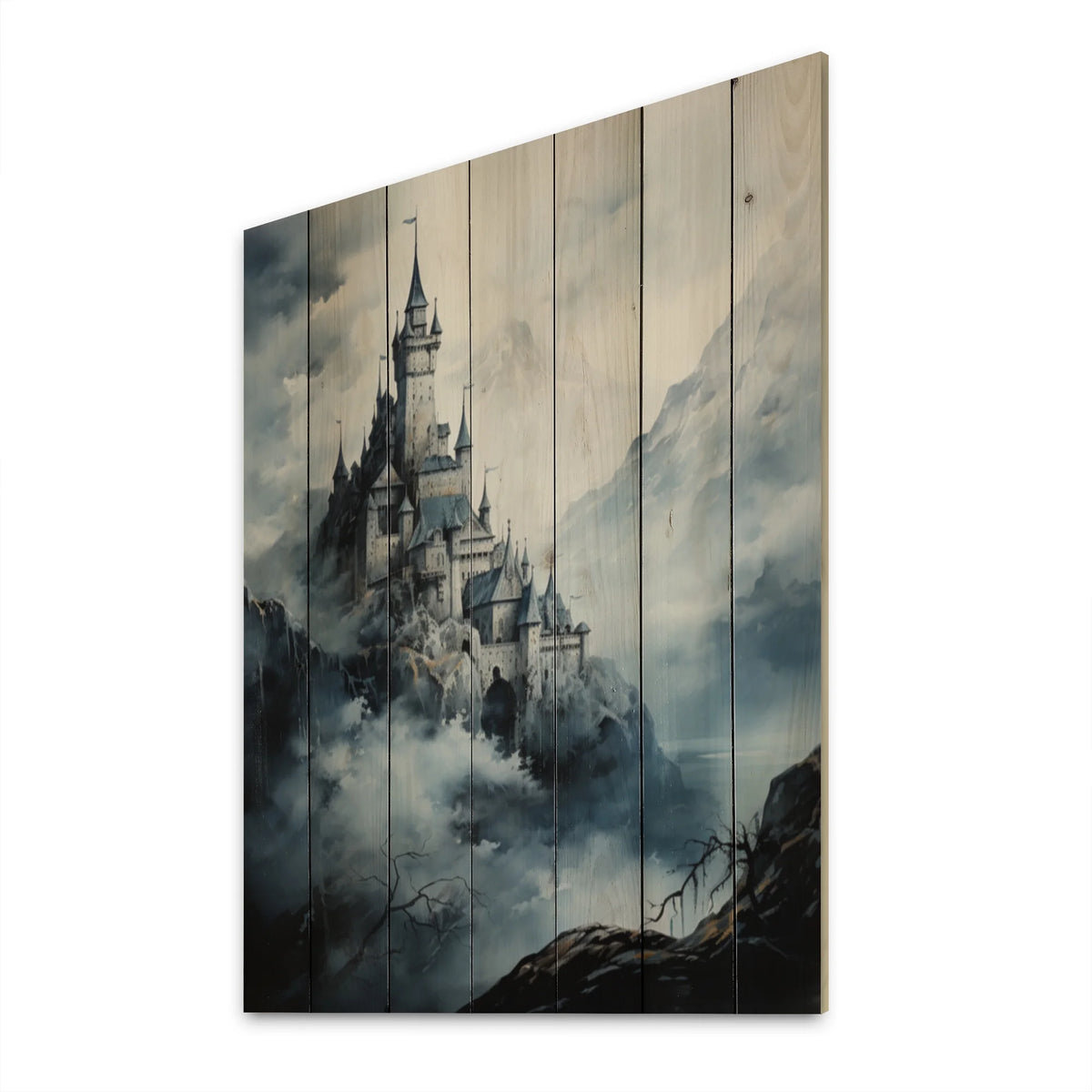 Mountain Fortress Castles Misty Painting II Print on Natural Pine Wood J2649