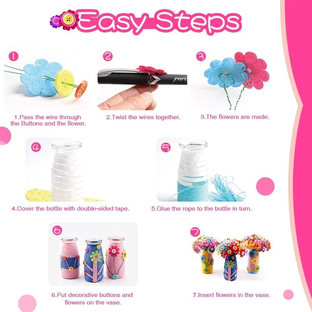 Flower Craft Kit for Kids with Buttons and Felt Vase Arts Toy H2375