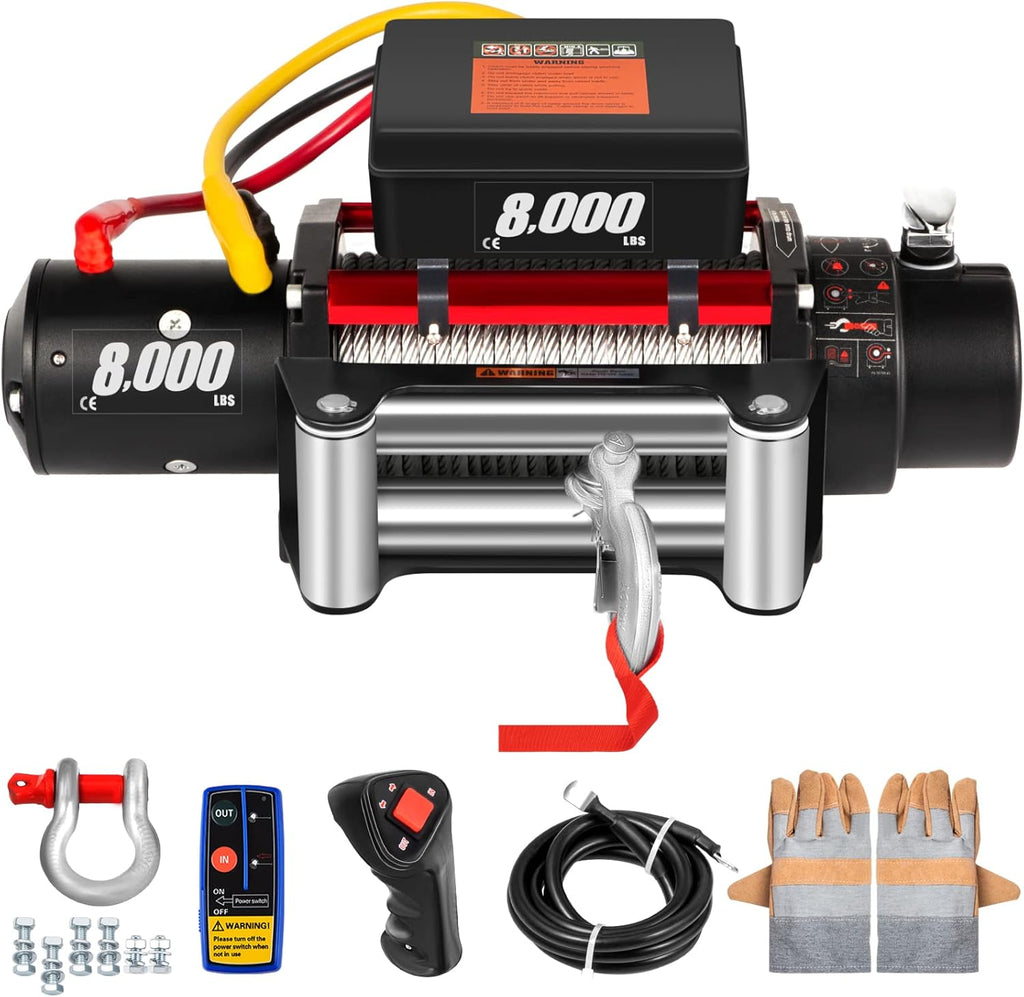 Electric Winch 8000lb Load Capacity 12V Steel Cable Wireless Remote Control P574041