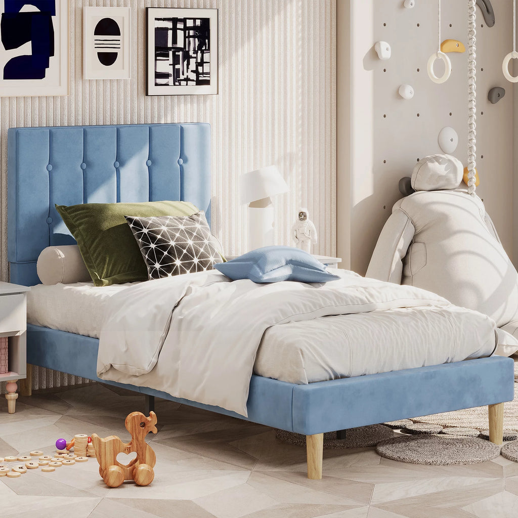Twin Bed Frame with Upholstered Headboard, Grey E120852