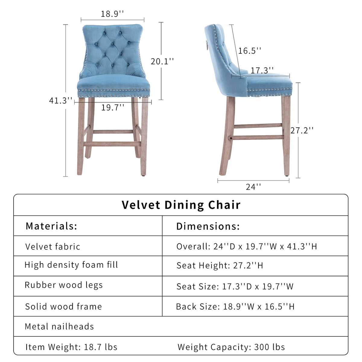 Velvet Bar Stools Set of 2, 27" Seat Height, Tufted Back, Wood Frame, Light Blue F7491