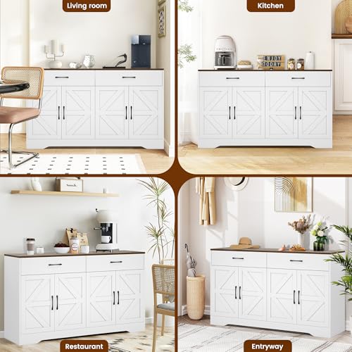 White 55" Wood Sideboard Buffet Cabinet with Drawers and Doors Y850291