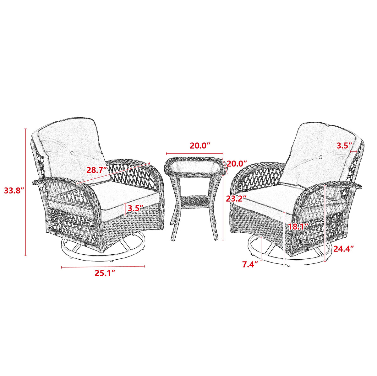 3 Pc Outdoor Swivel Rocker Patio Chairs - Gray R3514