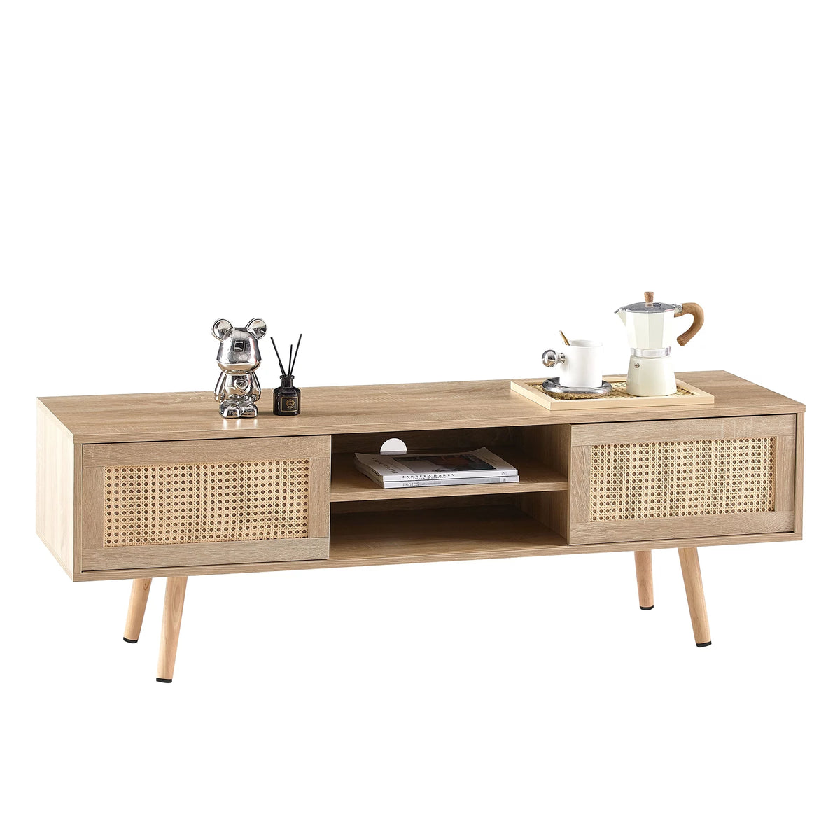 55.12" Rattan TV Cabinet with Sliding Doors and Adjustable Shelf Y975