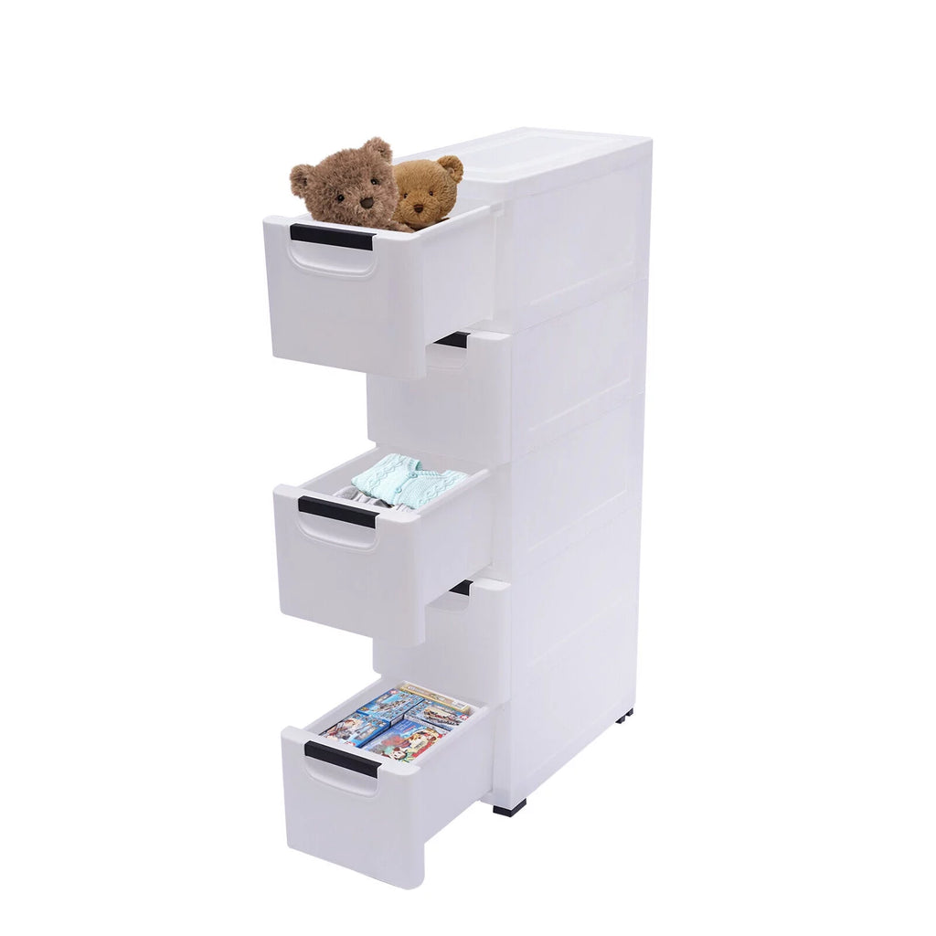 White Narrow Plastic 5 Drawer Dresser with Wheels L7823