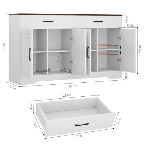 White 55" Wood Sideboard Buffet Cabinet with Drawers and Doors Y850291