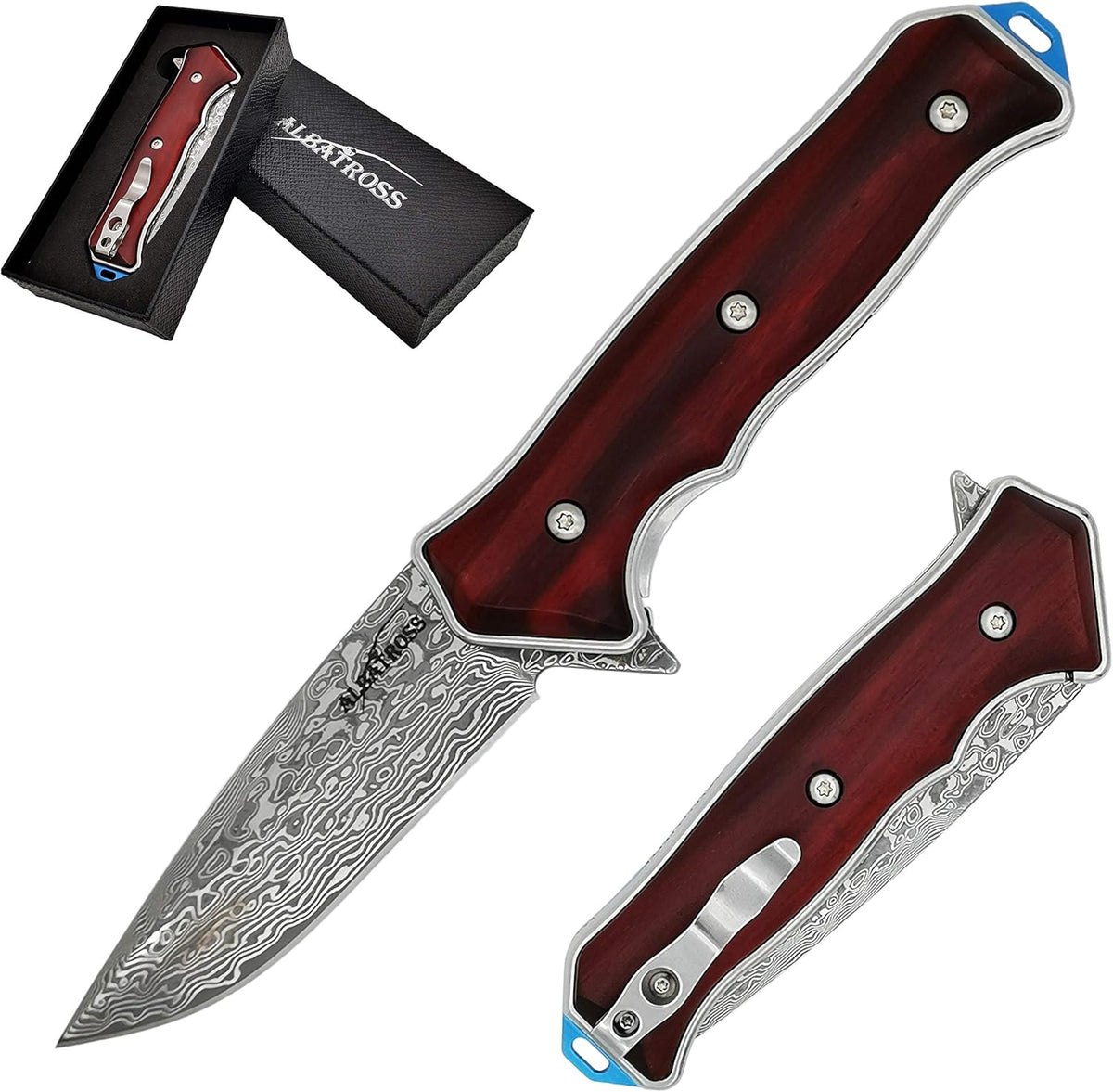 Damascus Folding Pocket Knives with Liner Lock, Cocobolo Wood Handle, Pack of 2 X1948