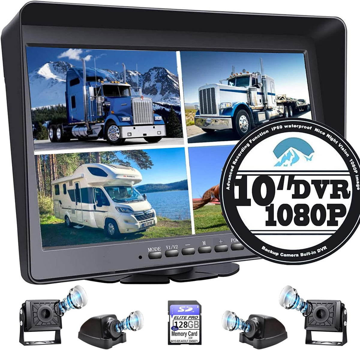 128GB 10.1 Audio Monitor Backup Camera Built-in DVR Dash Cam 1080P HD 4 Split Screen IP69 Waterproof L14451