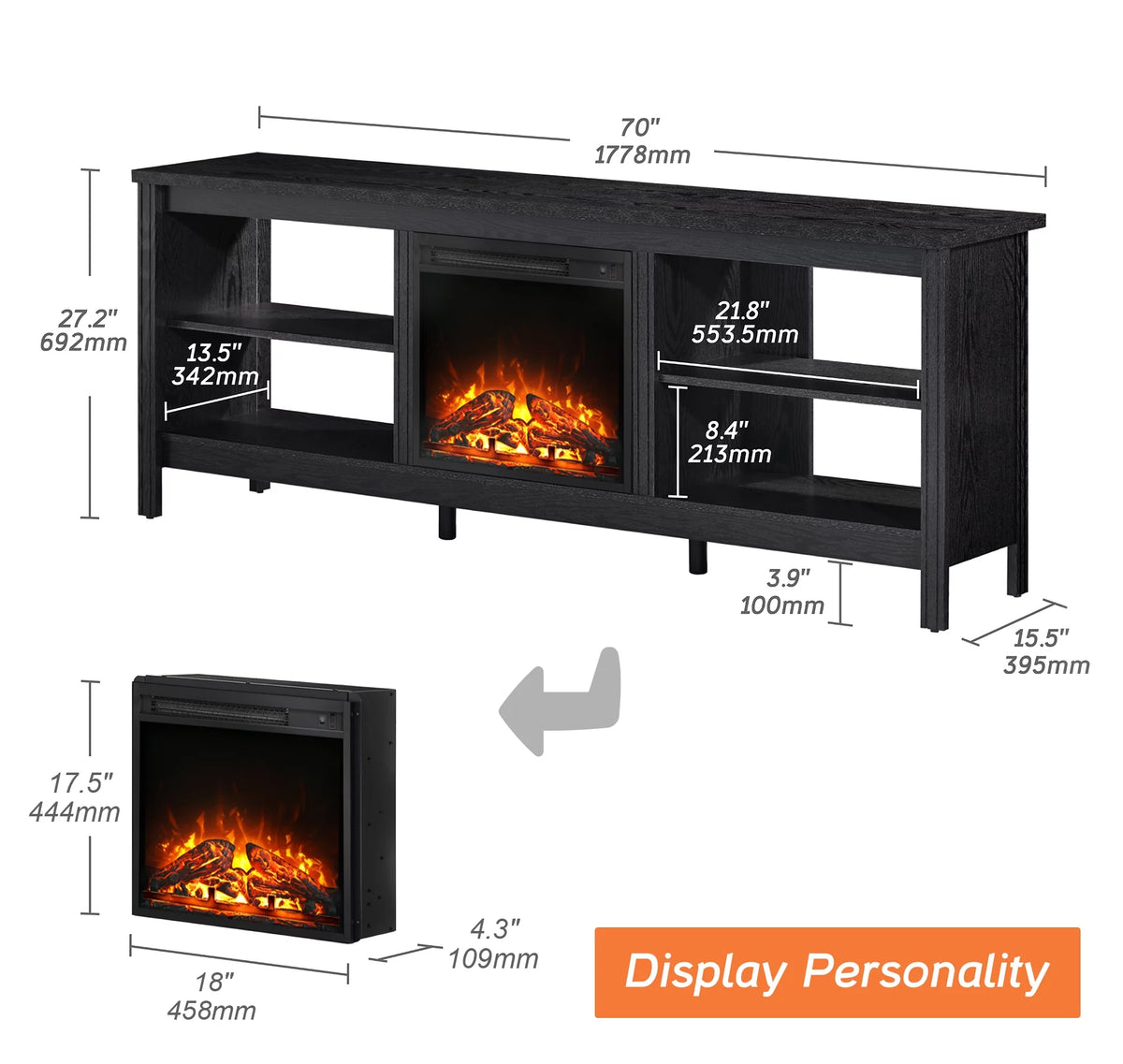 Black 70 inch Wood Fireplace TV Stand with 4 Storage J830927