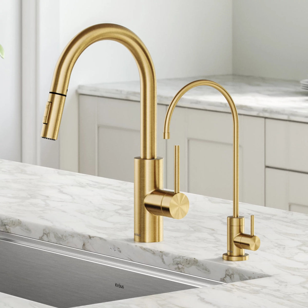 Pull-Down Kitchen Faucet and Water Filter Faucet Combo in Brushed Brass T840