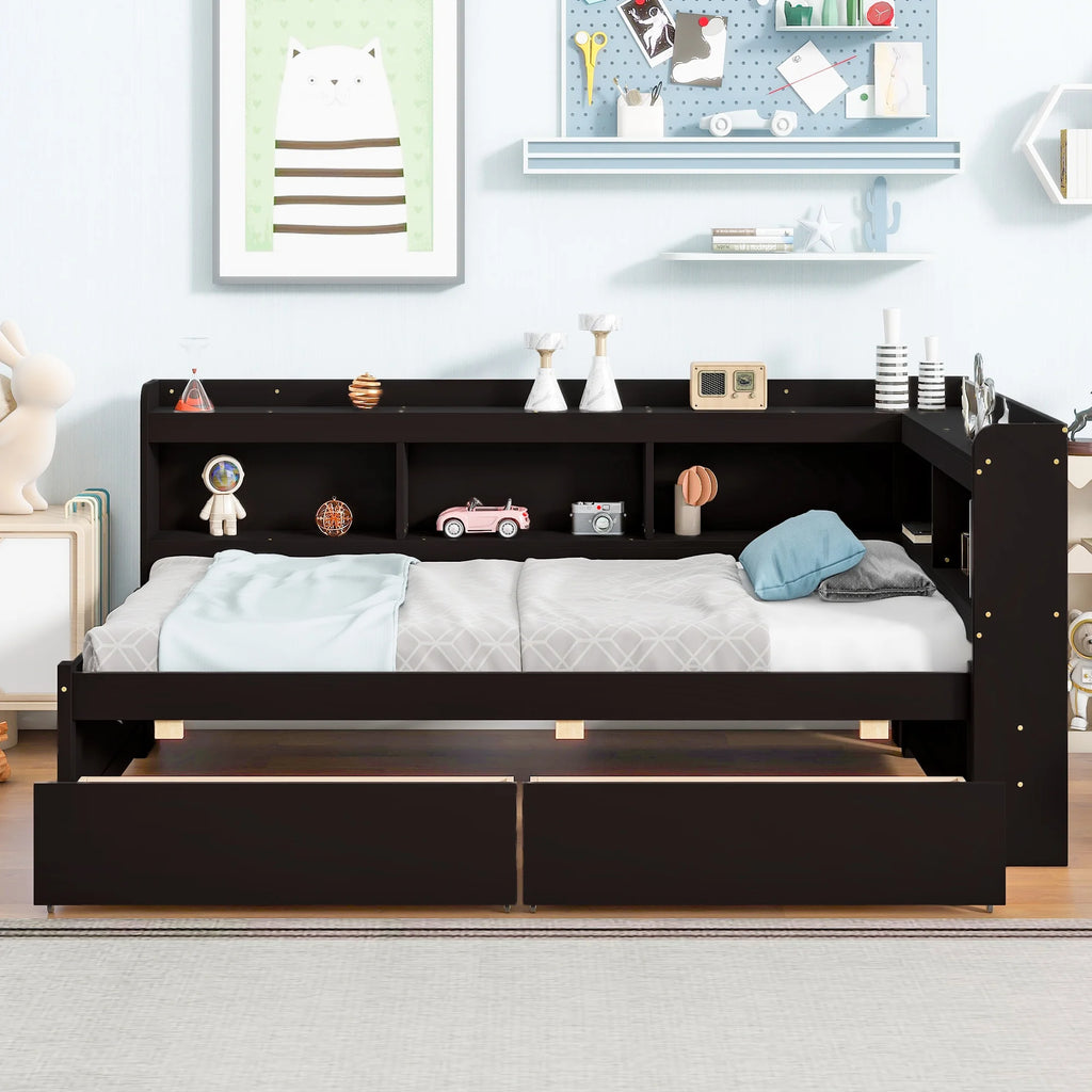 Twin Upholstered Daybed with Storage, Linen Button-Tufted, Double Drawers, Wood Slats, Beige Z196