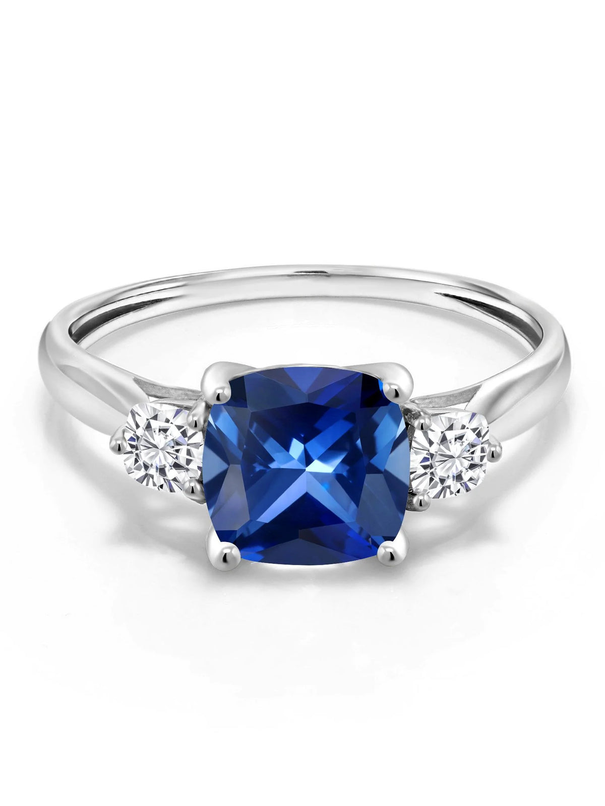 10K White Gold Blue Created Sapphire White Moissanite 3 Stone Engagement Ring H480346