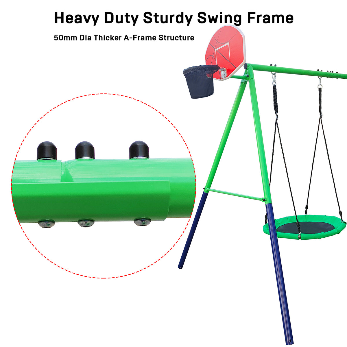 Swing Set with 32in Saucer Swing, EVA Swing Seat, Kids Basketball Hoop, Soccer Net, 440lbs Heavy Duty Anti-Rust Steel A-Frame F59322