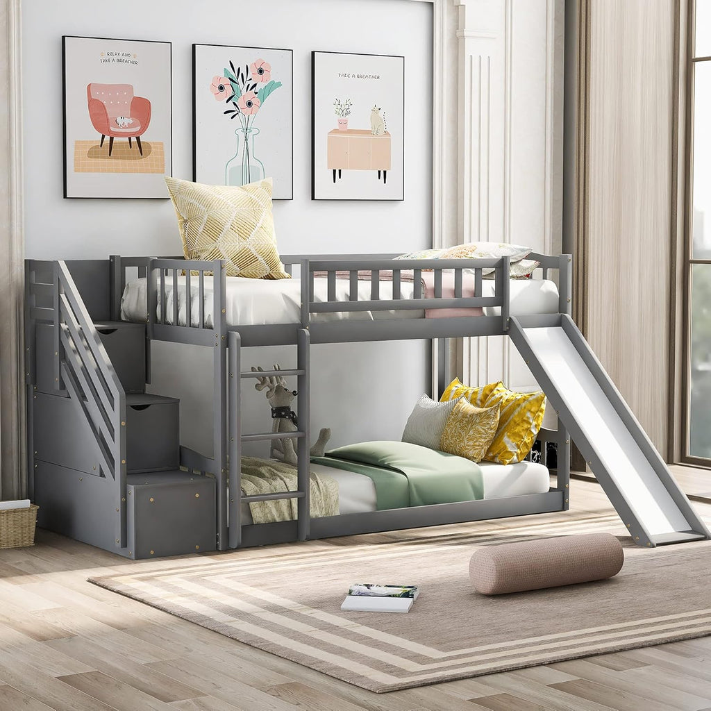 Twin Loft Beds with Slide and Staircase U431