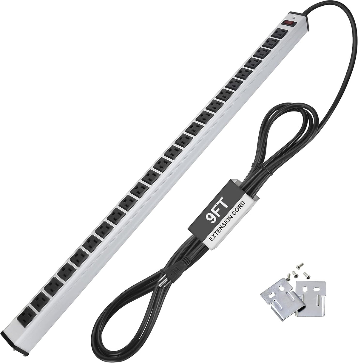 24 Grounded AC Outlets Power Strip with 9ft Extension Cord, Aluminum Alloy Housing, Silver, Pack of 2 D192633